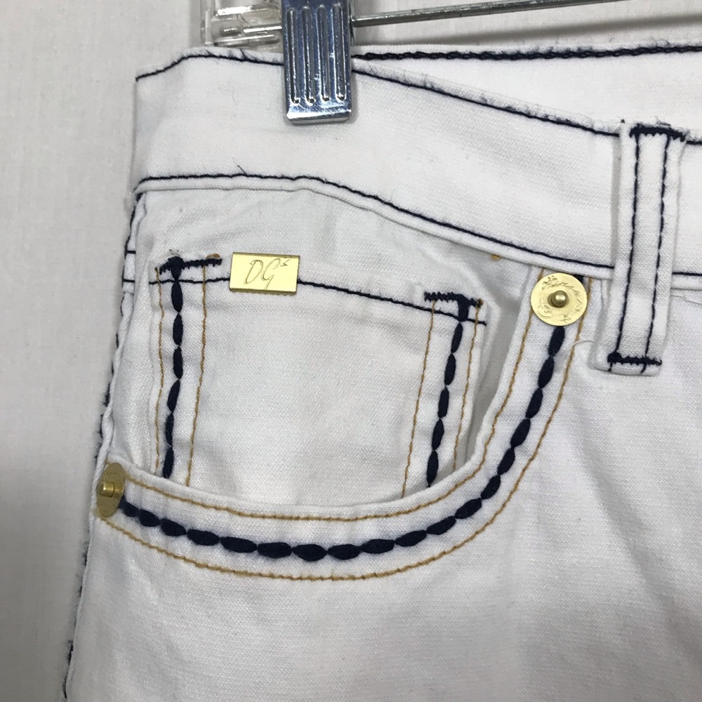 Diane Gilman white jeans with navy accent trim